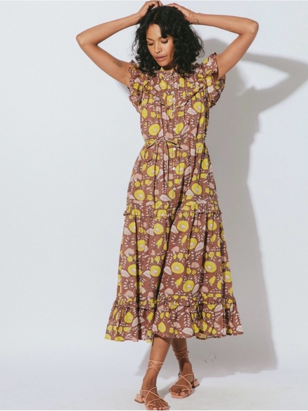 Cleobella Brown and Yellow Floral Ruffle Maxi Dress